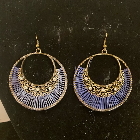 3” Art Deco threaded filigree scoop dangle earrings on French wire w/crystals - Picture 1 of 12